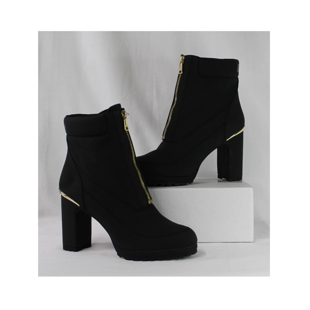DKNY Logan Lug Sole Boots‎ Black Faux Leather Zipper Gold Accents 6
